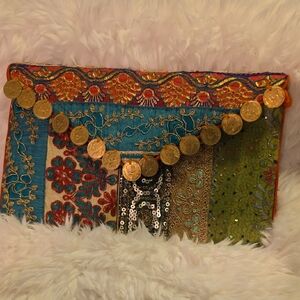 Embroidered Multicolor Clutch with Gold Accents